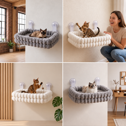 Fluffy Cordless Folding Cat Window Hammock with Strong Suction Cups & Washable Cover