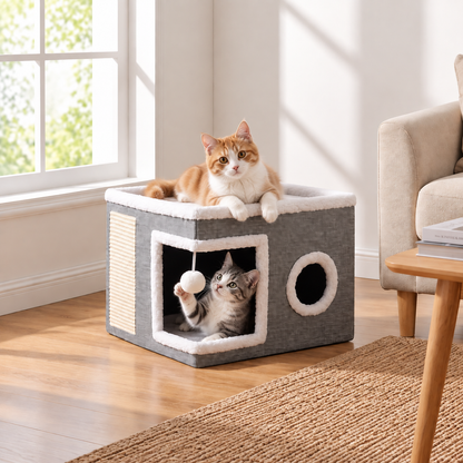 Modern Foldable Cat House with Double-Sided All-Season Cushion & Hanging Toys