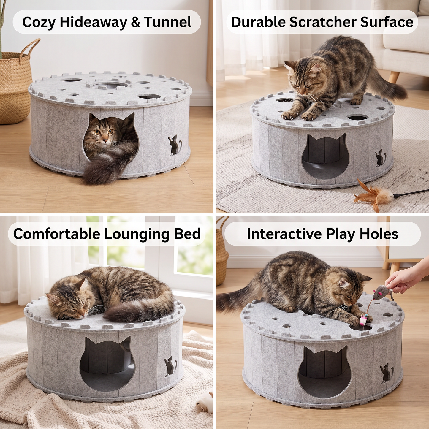 4-in-1 Foldable Cat Tunnel House – Interactive Hideaway, Scratcher & Play Bed
