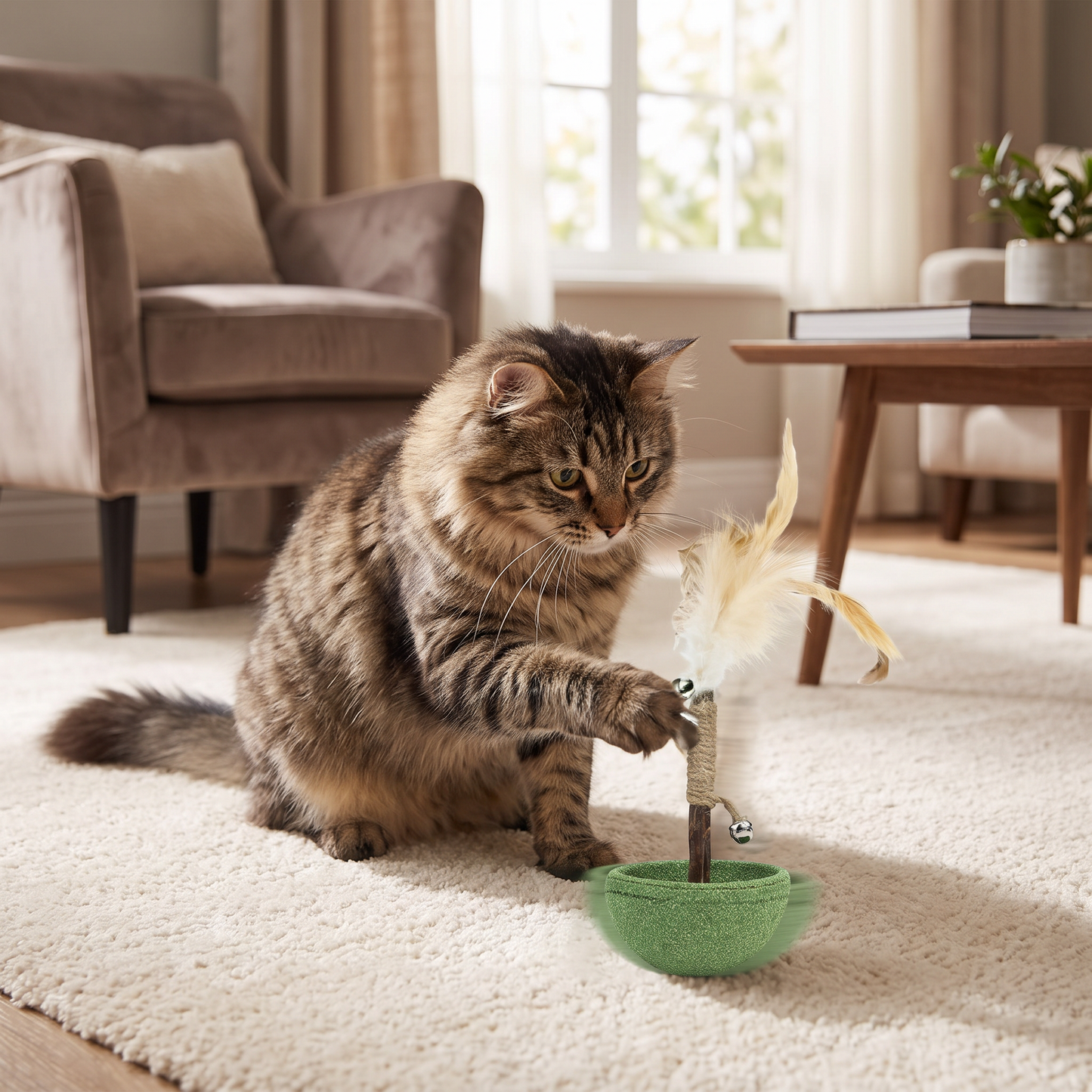 Teeth Cleaning Catnip Tumbler Cat Toy – Interactive Feather Teaser with Bell