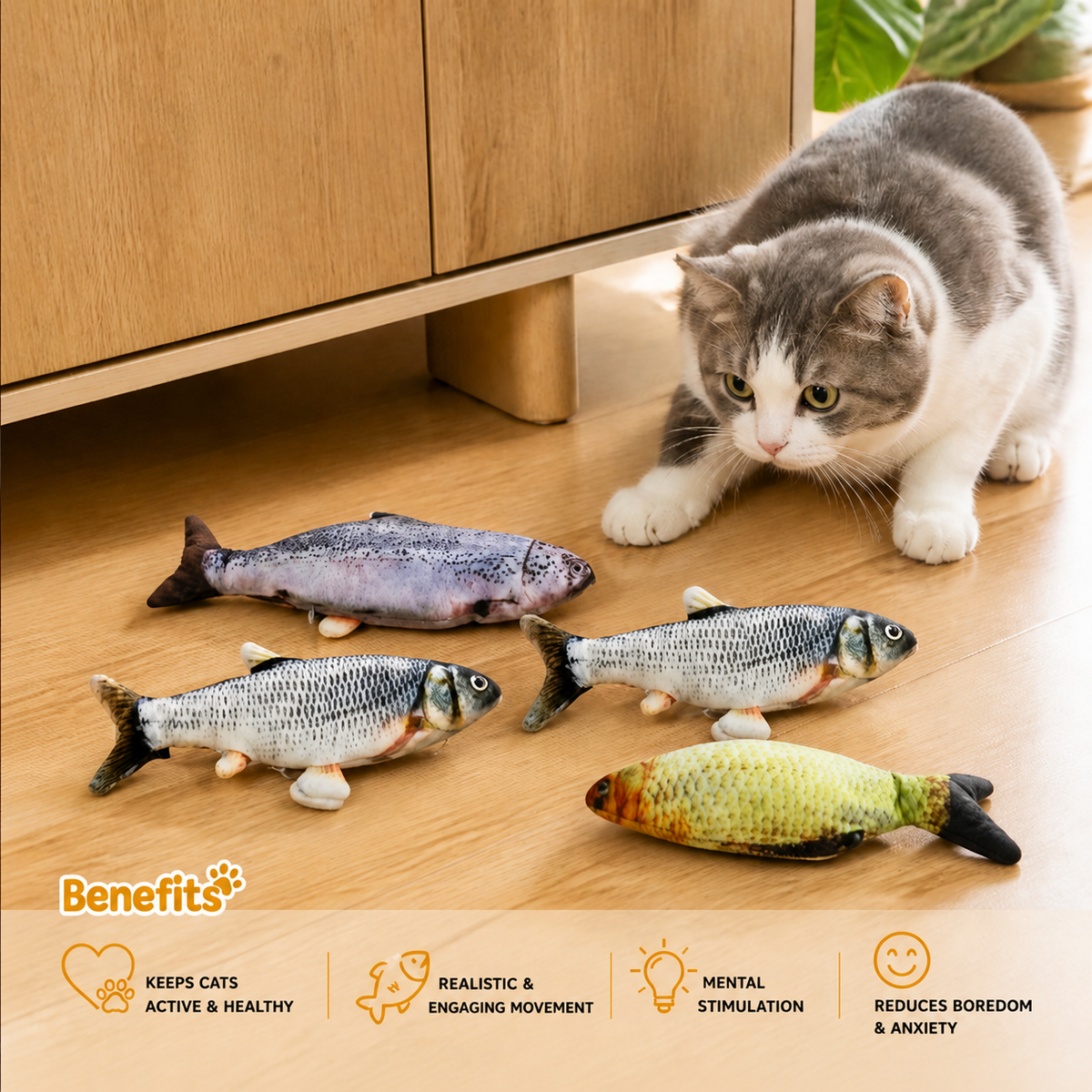 WiggleFins Set of 4 Moving Fish Toys for Cats