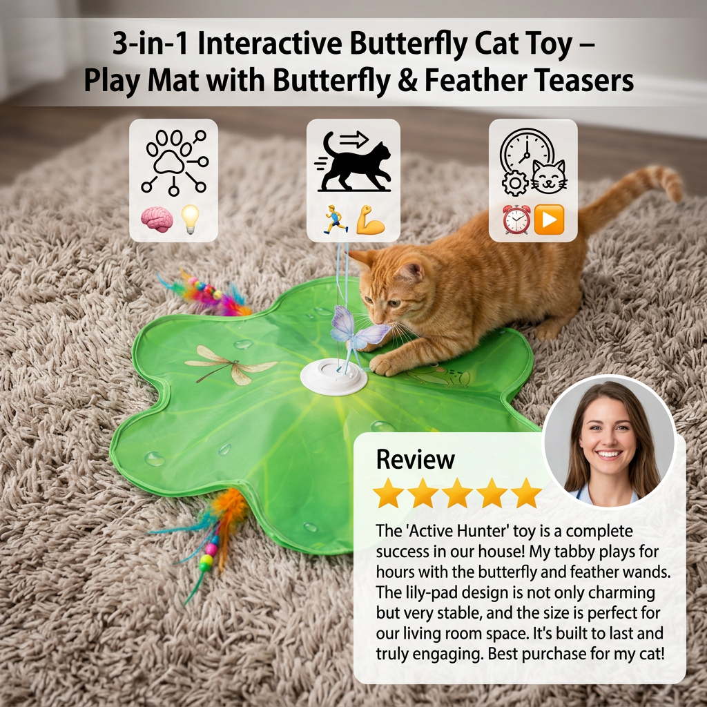 3-in-1 Interactive Butterfly Cat Toy – Play Mat with Butterfly & Feather Teasers