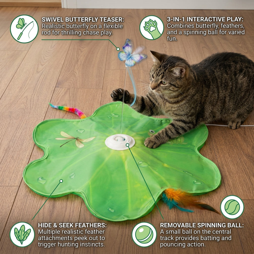 3-in-1 Interactive Butterfly Cat Toy – Play Mat with Butterfly & Feather Teasers