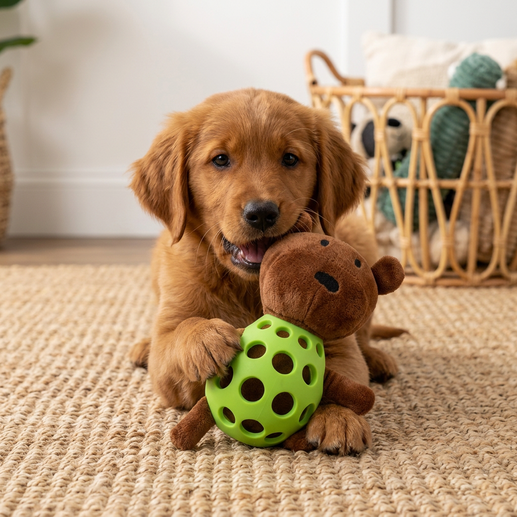 2-in-1 Bear Dog Toy – Squeaky Plush & Dental Chew Ball