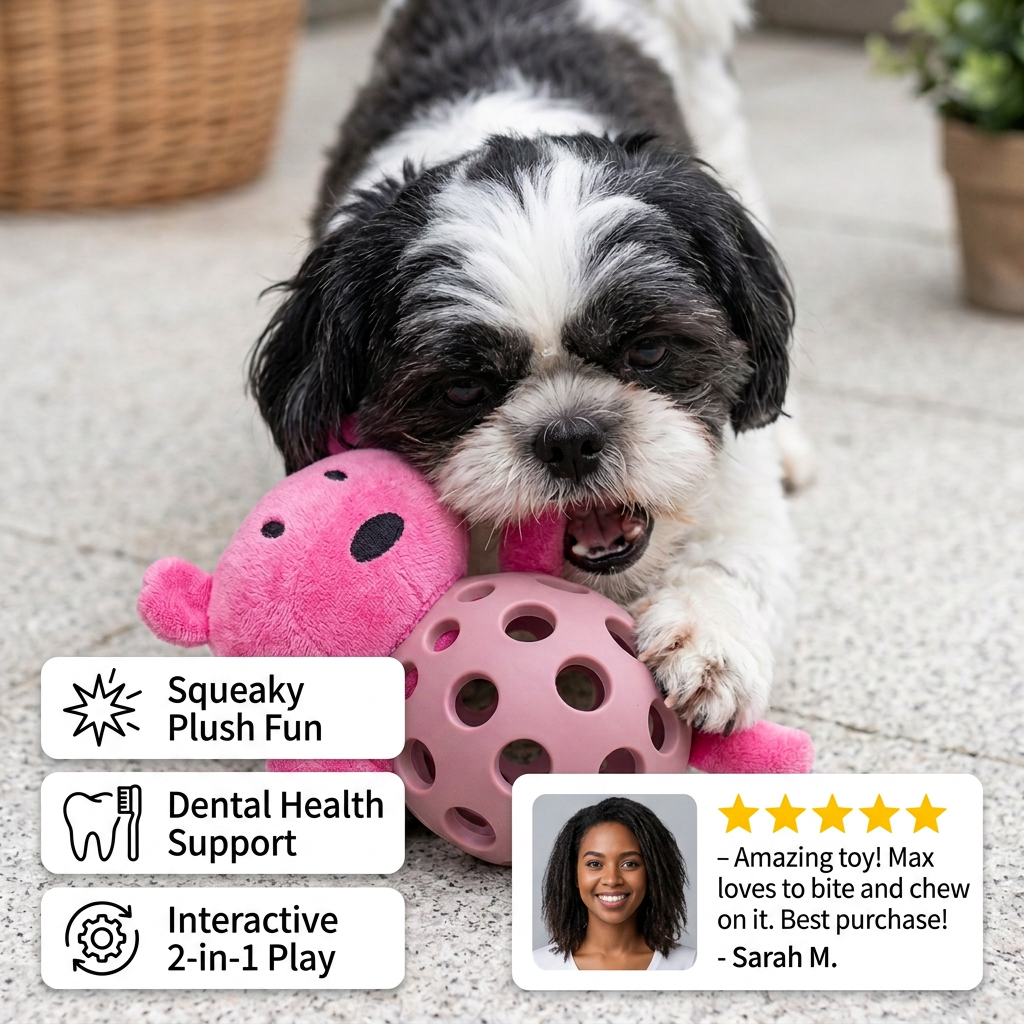 2-in-1 Bear Dog Toy – Squeaky Plush & Dental Chew Ball