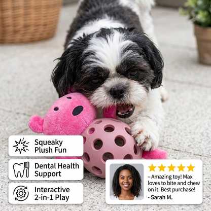 2-in-1 Bear Dog Toy – Squeaky Plush & Dental Chew Ball