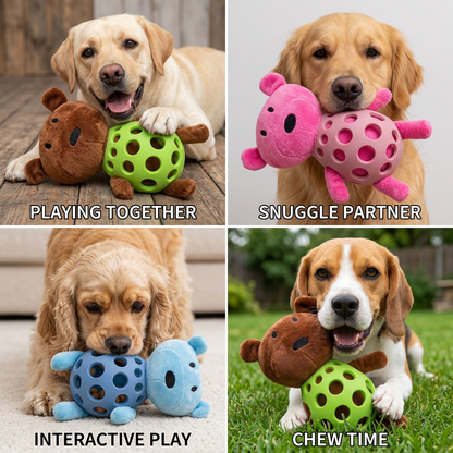 2-in-1 Bear Dog Toy – Squeaky Plush & Dental Chew Ball