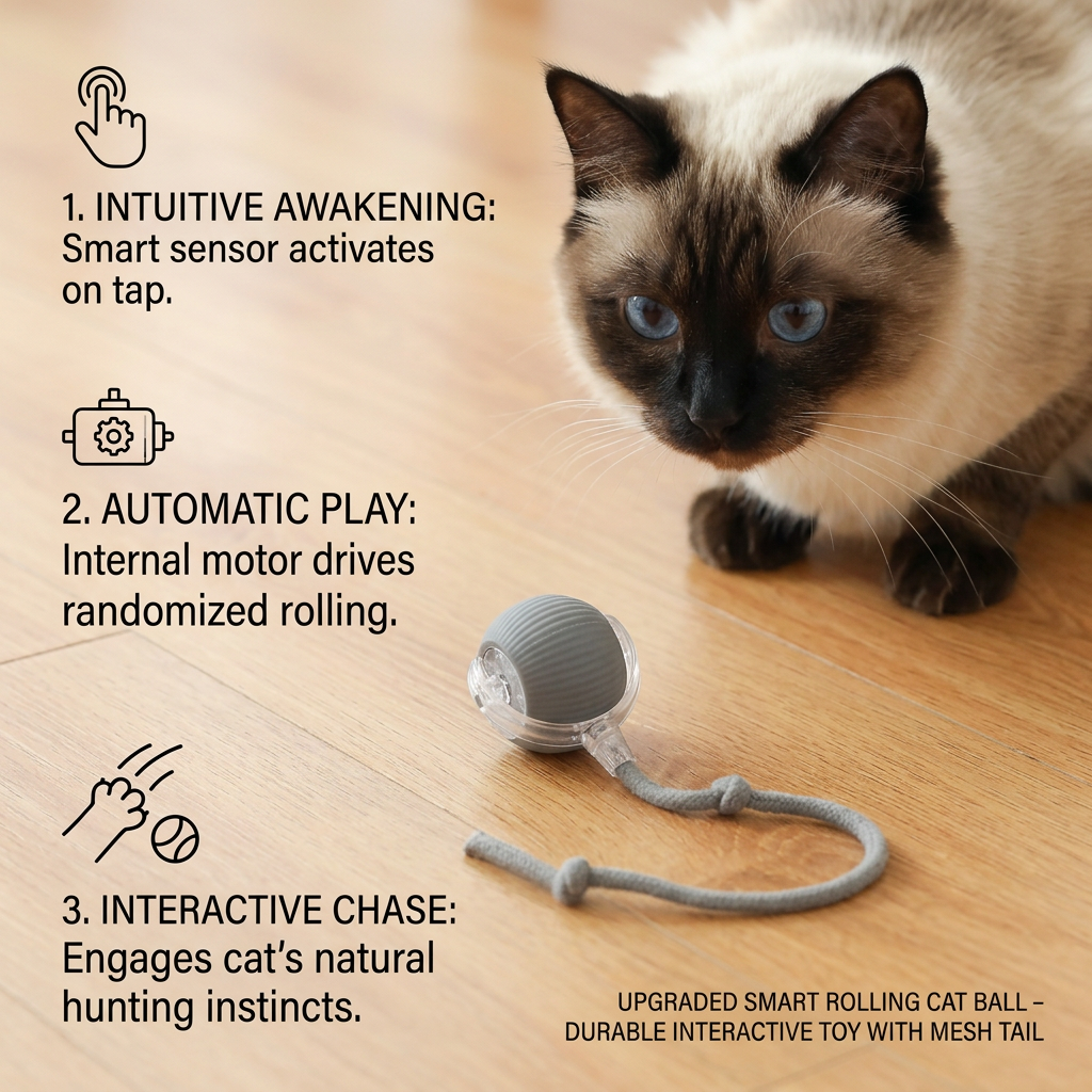 Upgraded Smart Rolling Cat Ball – Durable Interactive Toy with Mesh Tail