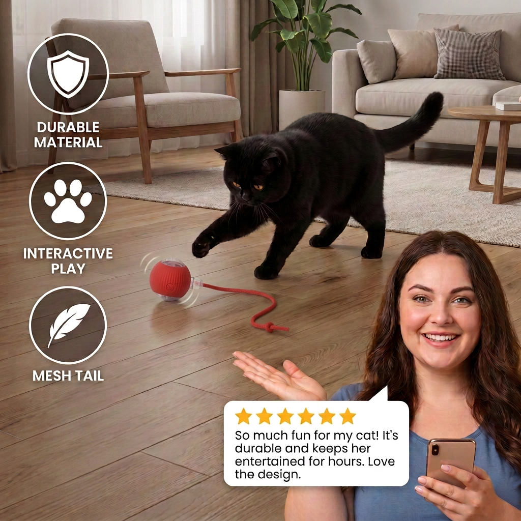 Upgraded Smart Rolling Cat Ball – Durable Interactive Toy with Mesh Tail