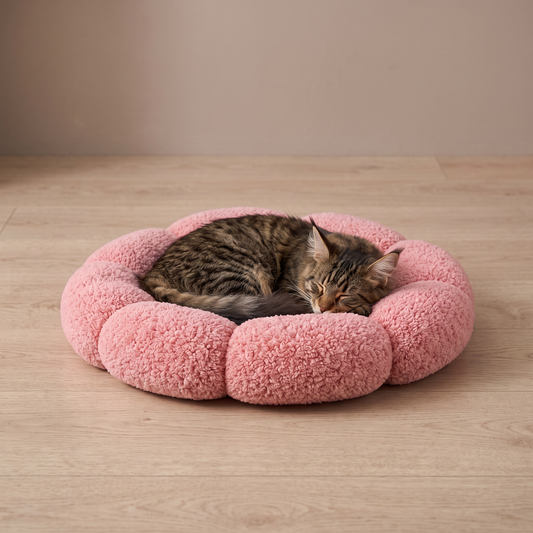 Luxury Floral Fluffy Donut Cat Bed – Soft & Washable Round Cushion
