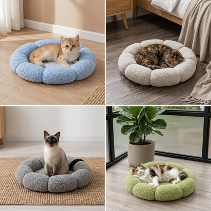 Luxury Floral Fluffy Donut Cat Bed – Soft & Washable Round Cushion