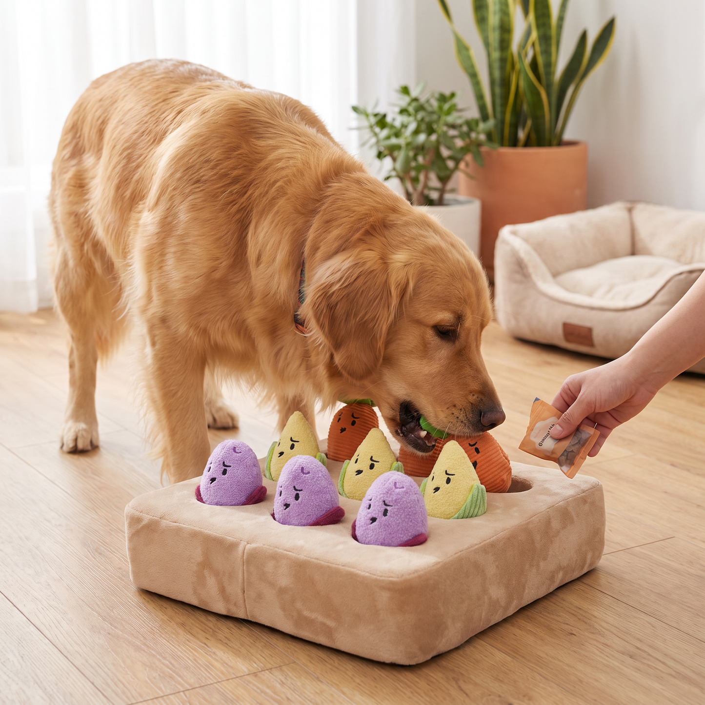 Interactive Vegetable Garden Treat Toy – Hide & Seek Snuffle Puzzle with Squeaky Veggies