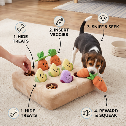 Interactive Vegetable Garden Treat Toy – Hide & Seek Snuffle Puzzle with Squeaky Veggies