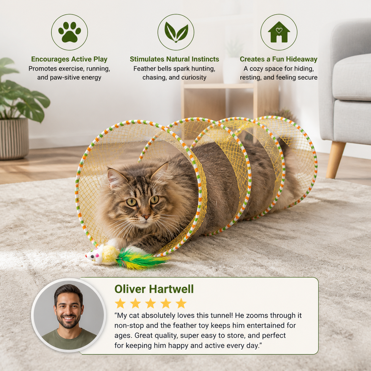 Collapsible Spiral Cat Play Tunnel with Feather Bells