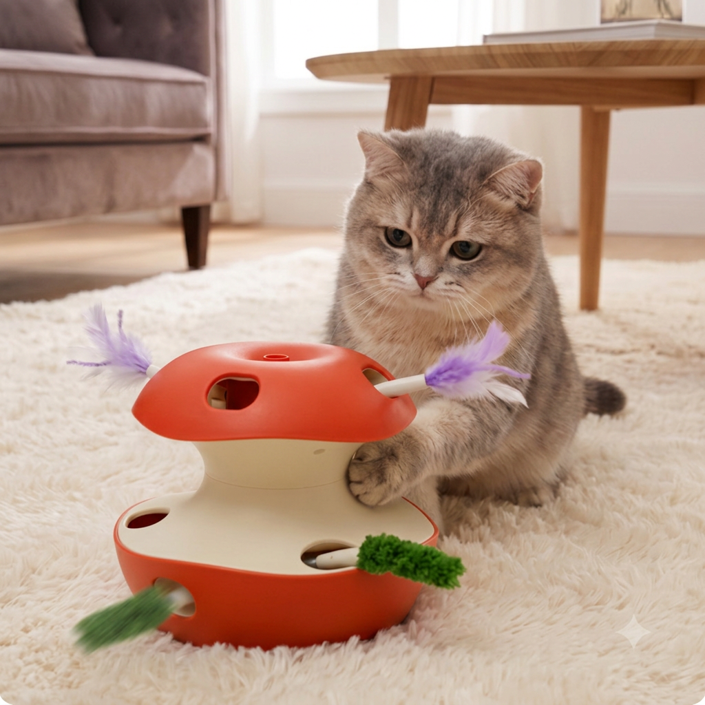 3-in-1 Apple-Shaped Cat Toy – Interactive Feather & Ball Toy