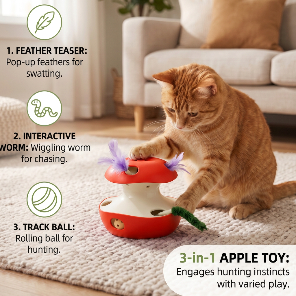3-in-1 Apple-Shaped Cat Toy – Interactive Feather & Ball Toy