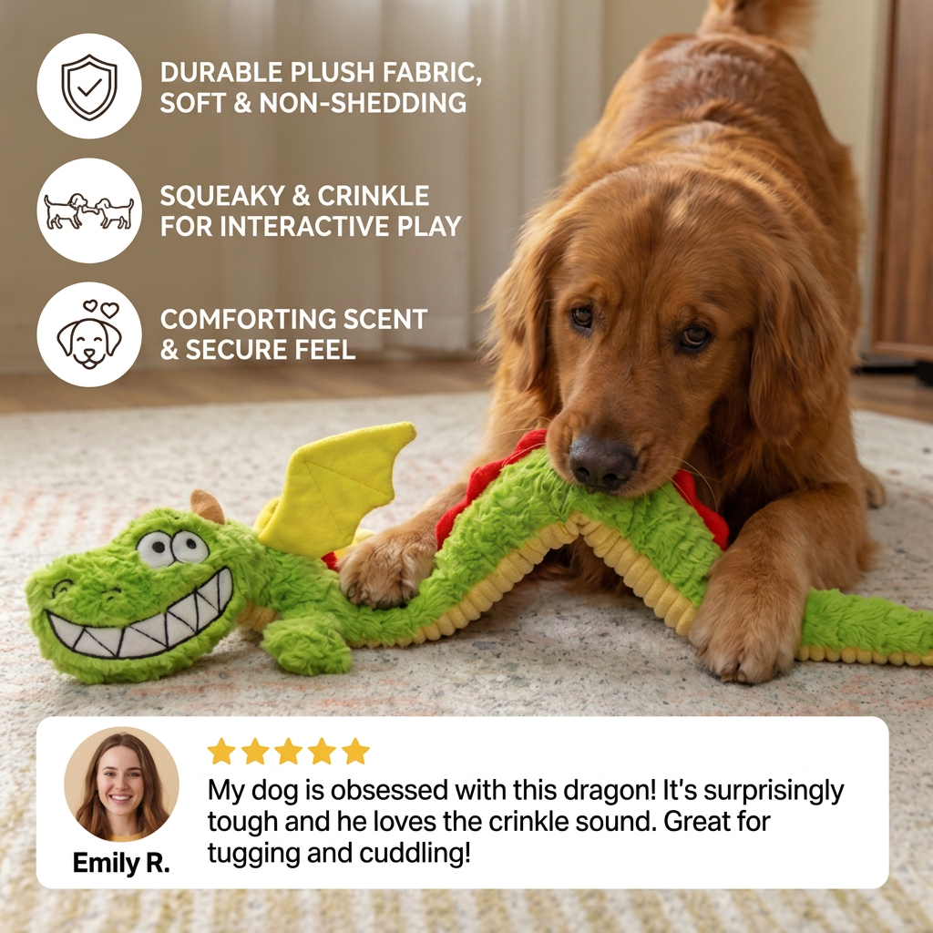Durable Plush Dragon Dog Toy – Squeaky Crinkle Tug Toy