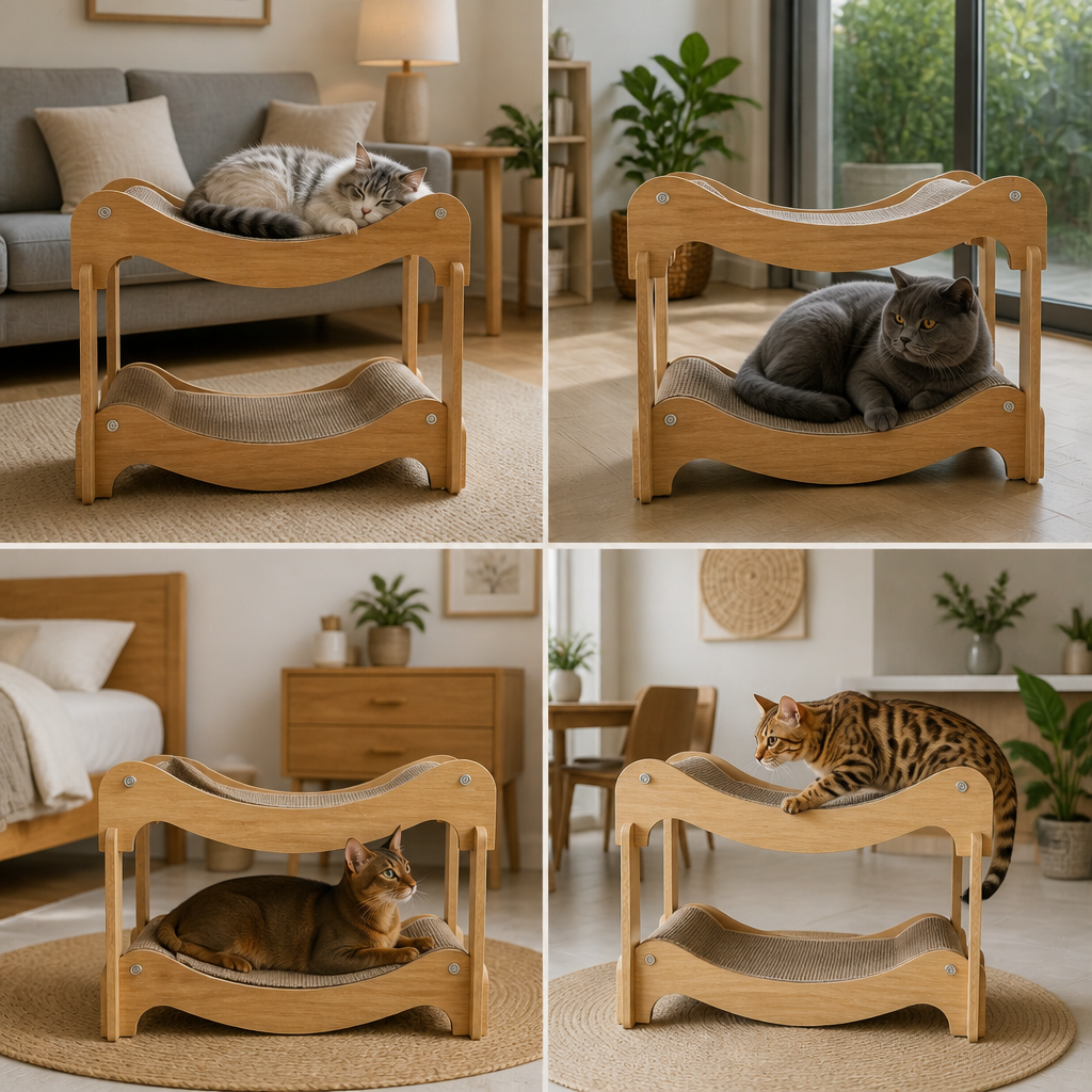 Wooden Double-Decker Cat Play & Lounge Bed with Sisal Scratching Ramp and Hanging Toys
