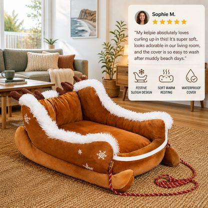 Christmas Sleigh-Shaped Plush Pet Bed with Washable Waterproof Cover