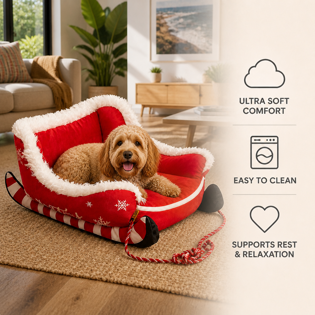 Christmas Sleigh-Shaped Plush Pet Bed with Washable Waterproof Cover
