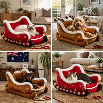 Christmas Sleigh-Shaped Plush Pet Bed with Washable Waterproof Cover