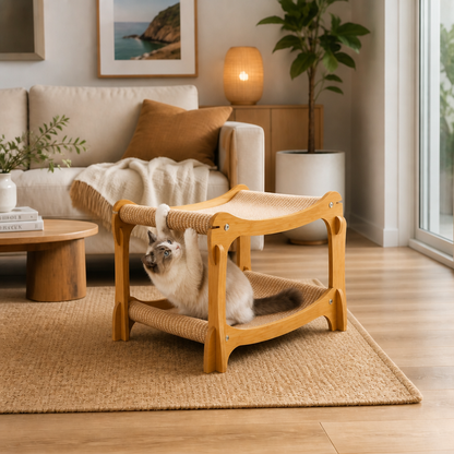 Wooden Double-Decker Cat Play & Lounge Bed with Sisal Scratching Ramp and Hanging Toys