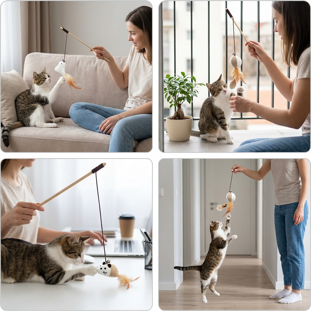 Colorful Wand Cat Toy with Wooden Handle