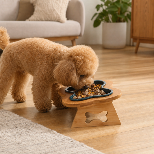Elevated Ceramic Dog Bowl with Wooden Stand – Paws & Feast