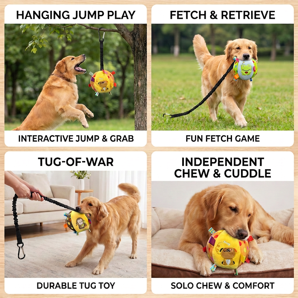 Interactive Hanging Dog Ball Toy with Elastic Play Rope & Hook