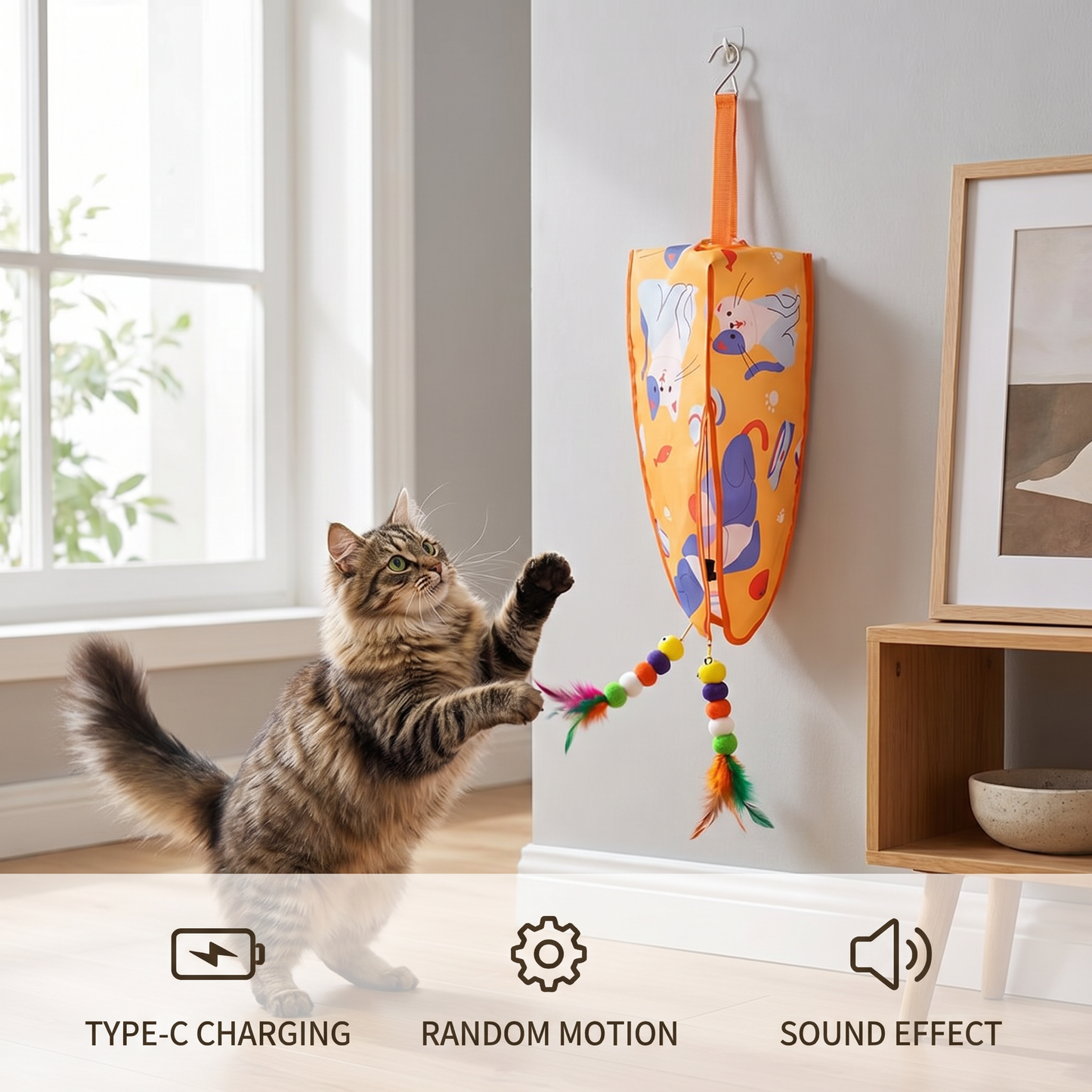 Automatic Hanging Cat Toy with Feather Teasers & Sound