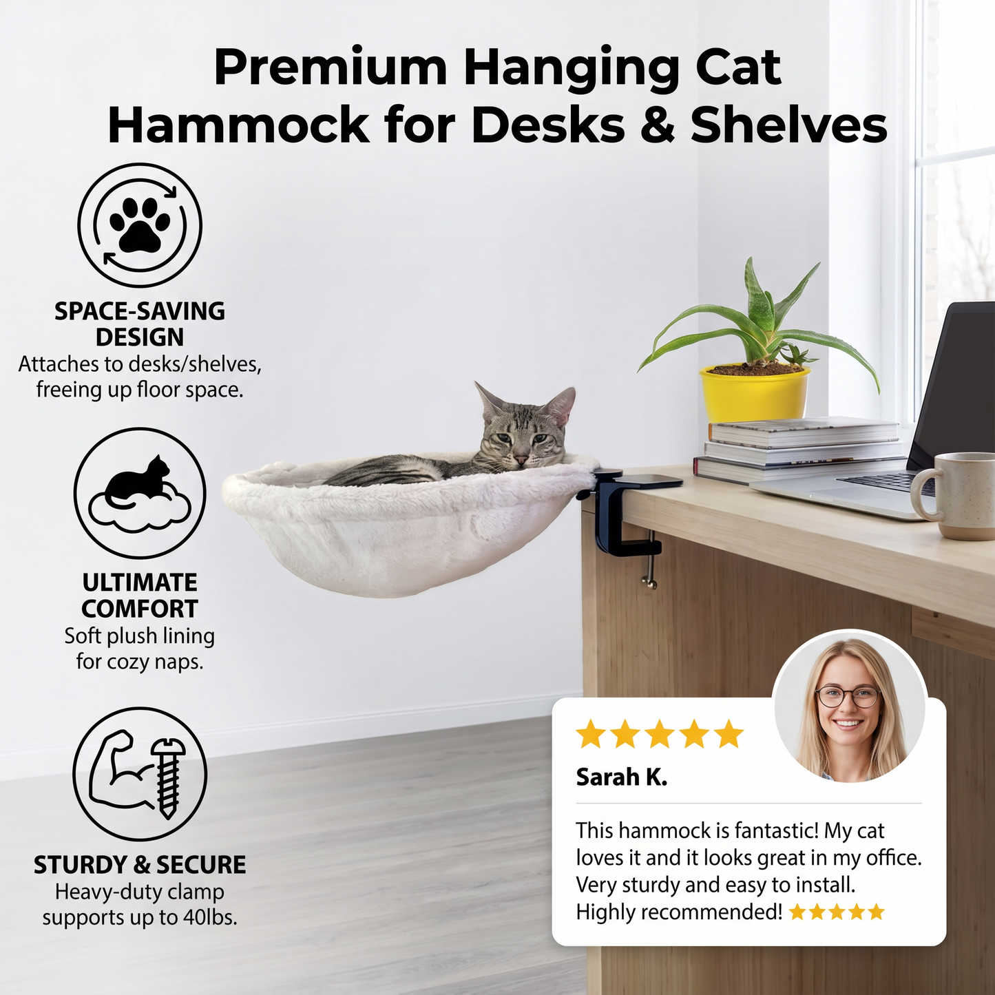 Premium Hanging Cat Hammock for Desks & Shelves
