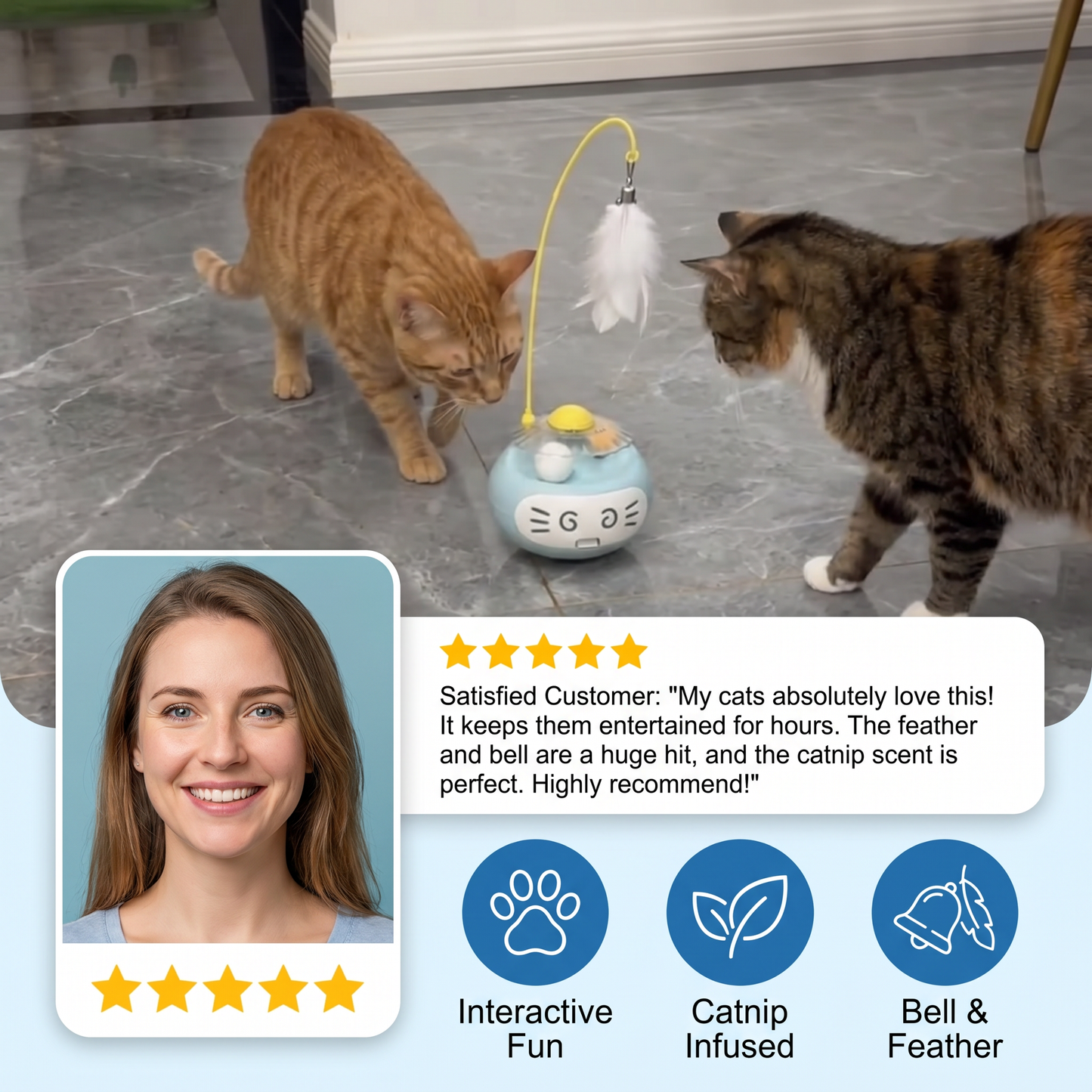 3in1 Interactive Catnip Cat Toy with Feather Wand & Bell