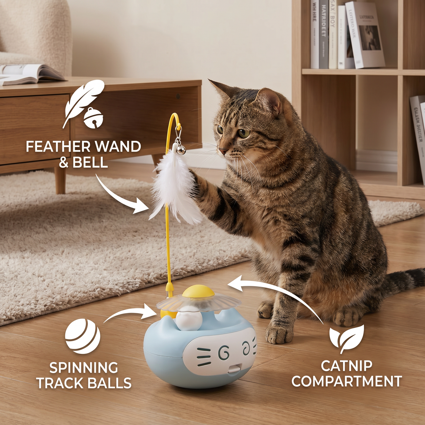 3in1 Interactive Catnip Cat Toy with Feather Wand & Bell