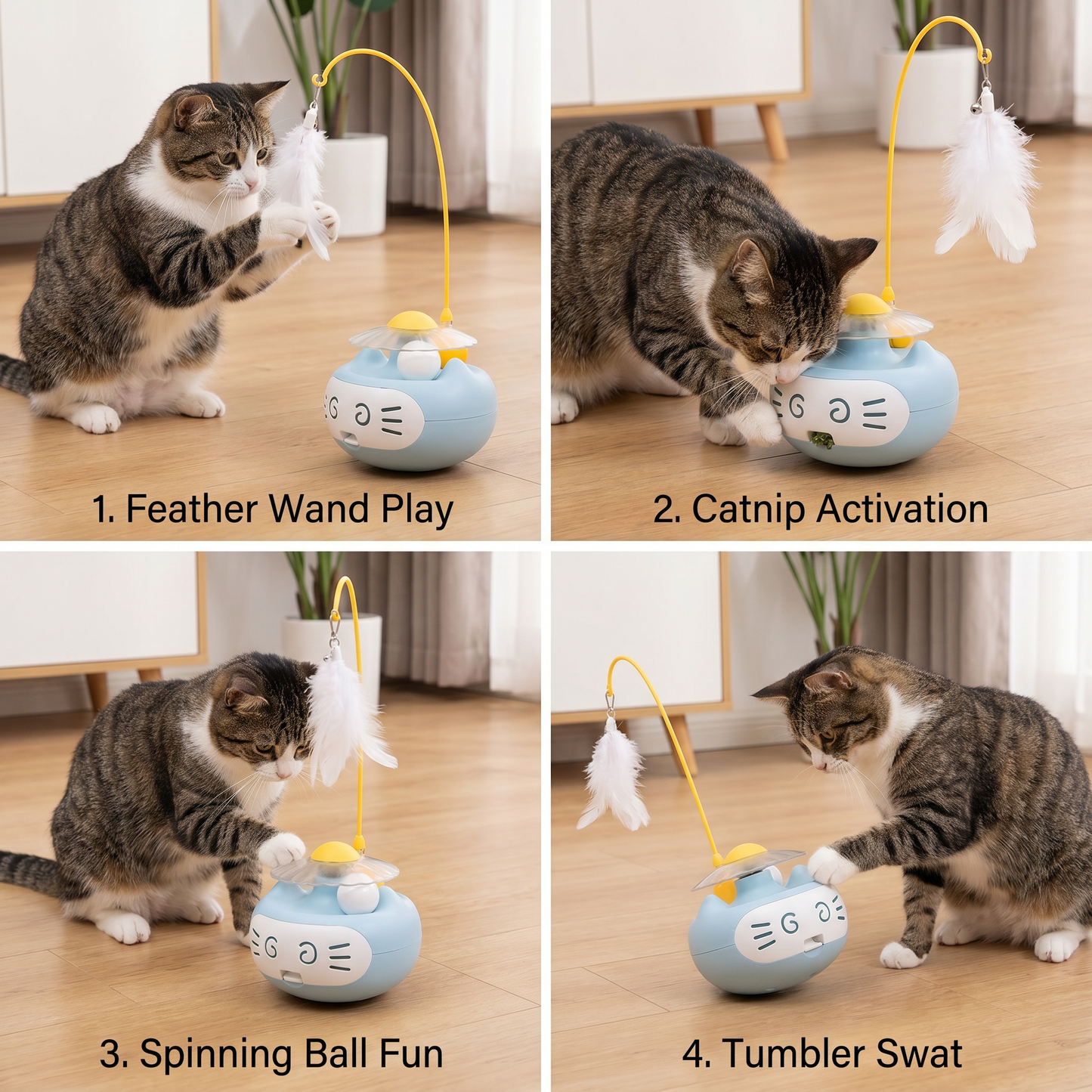 3in1 Interactive Catnip Cat Toy with Feather Wand & Bell