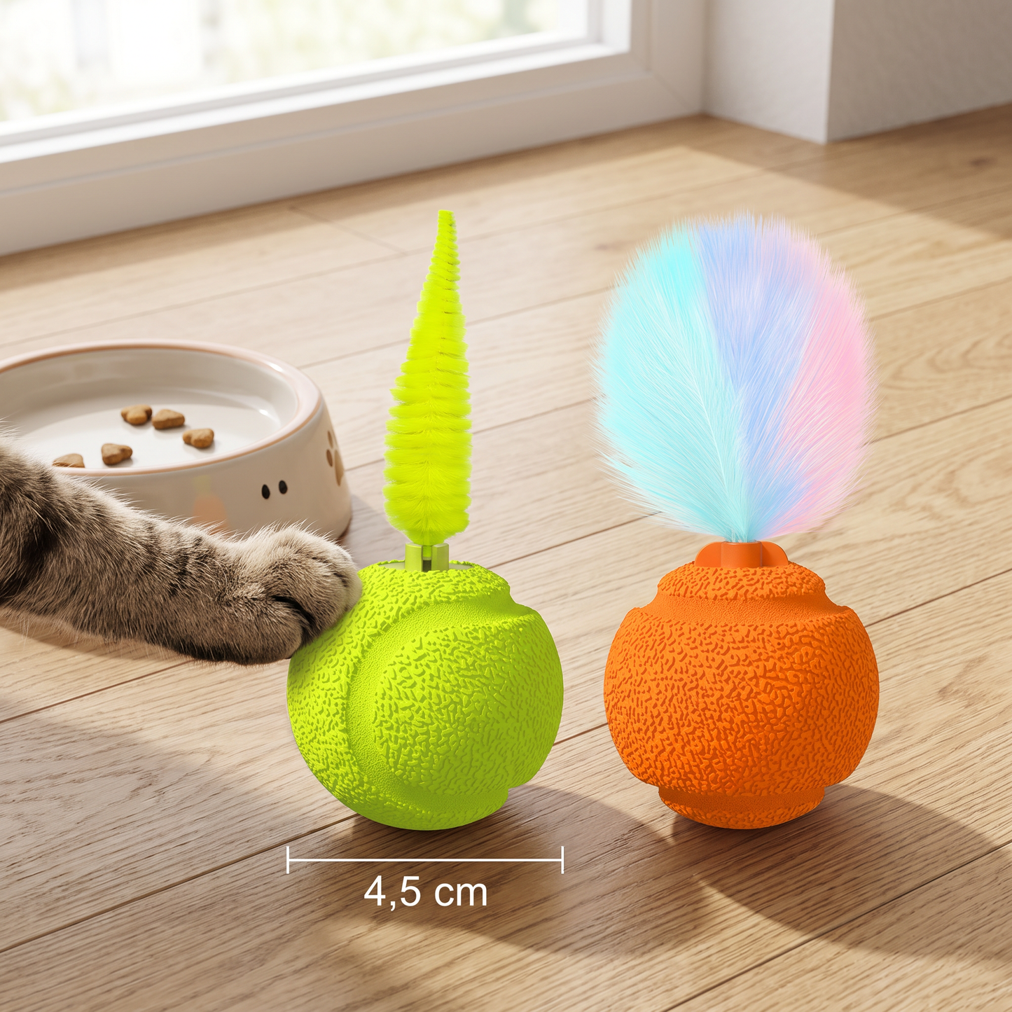 2-Pack Interactive Cat Balls – Plush Feather Tail & Squeaky Sound