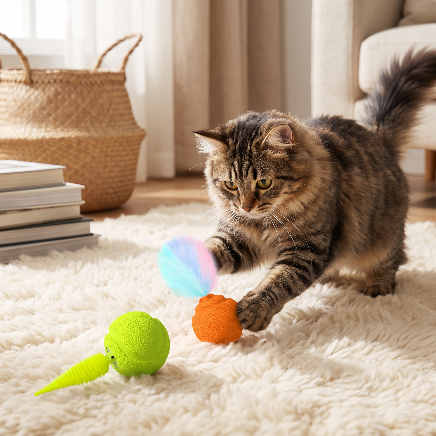 2-Pack Interactive Cat Balls – Plush Feather Tail & Squeaky Sound