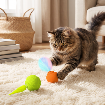2-Pack Interactive Cat Balls – Plush Feather Tail & Squeaky Sound