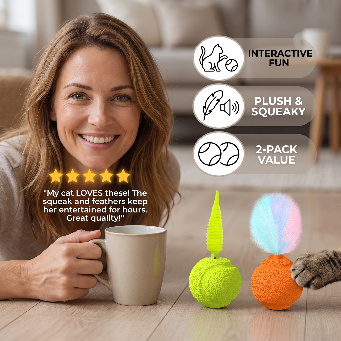 2-Pack Interactive Cat Balls – Plush Feather Tail & Squeaky Sound