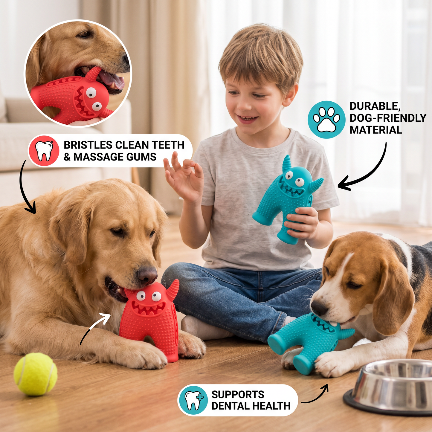 Durable Dog Dental Chew Toy – Tooth Cleaning Monster in Dog Colors