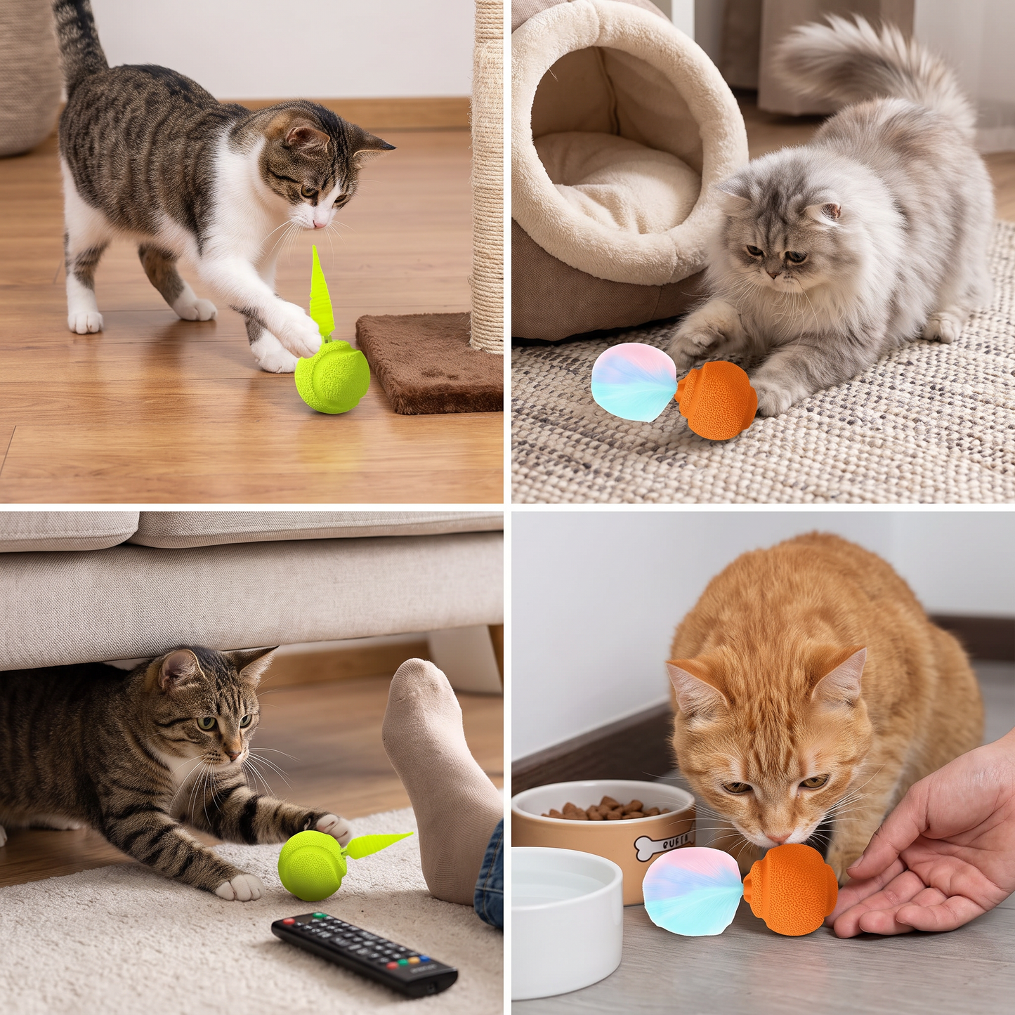 2-Pack Interactive Cat Balls – Plush Feather Tail & Squeaky Sound