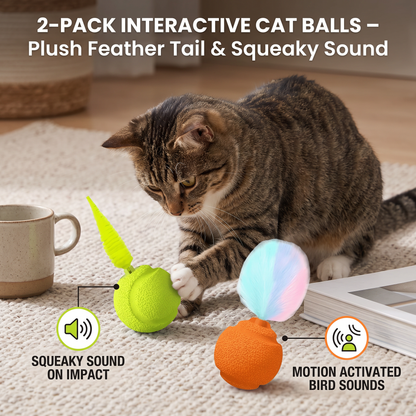 2-Pack Interactive Cat Balls – Plush Feather Tail & Squeaky Sound