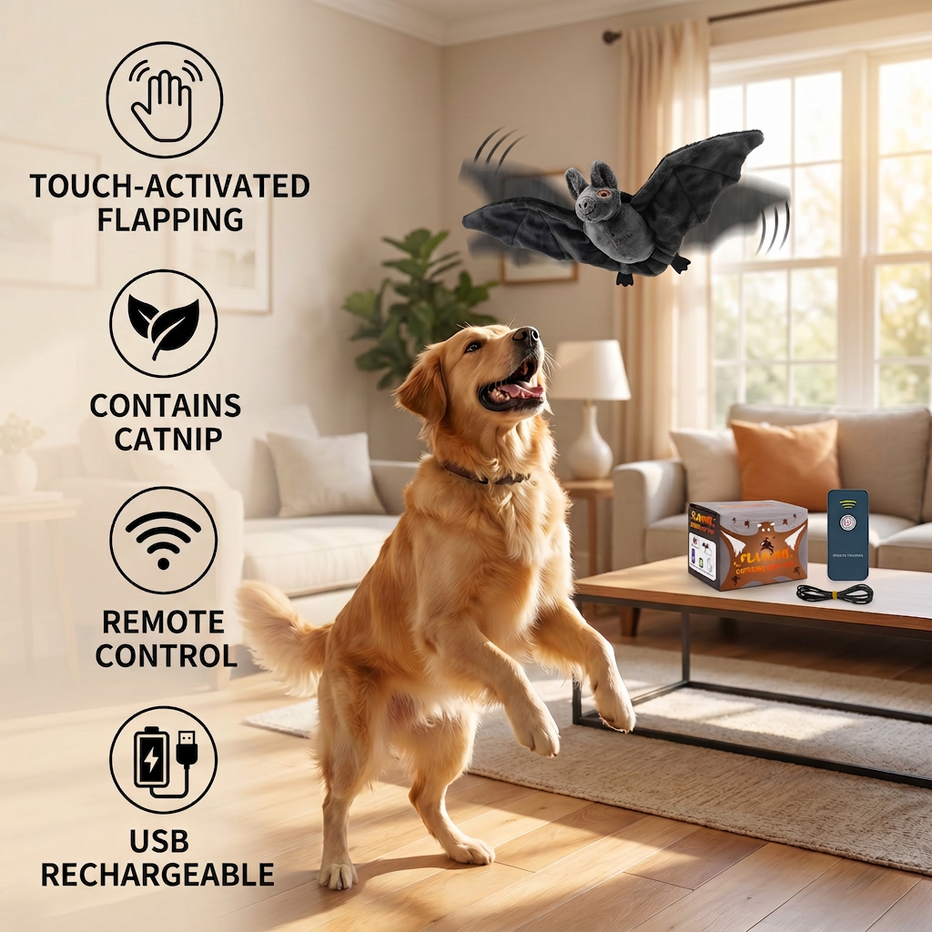 Touch—Activated Flapping Bat Dog Toy with Catnip