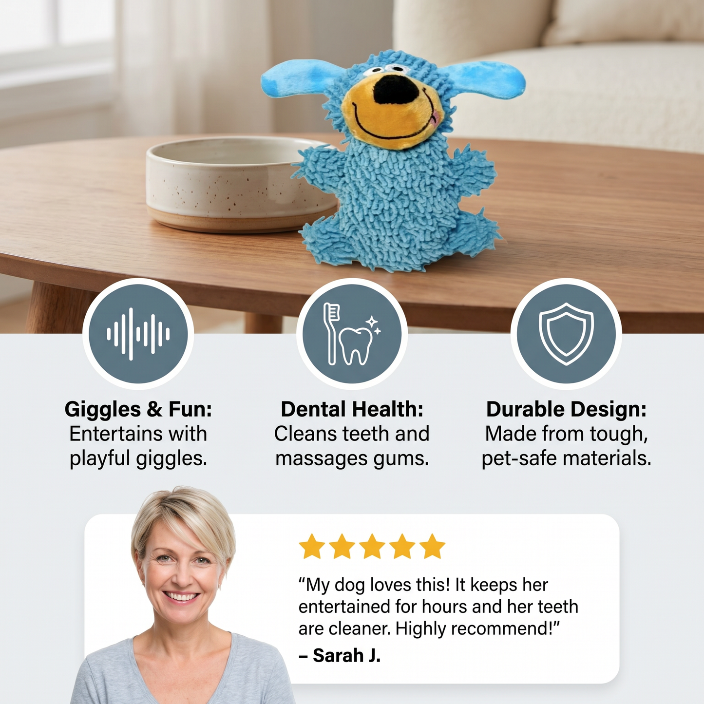 Giggling tooth cleaning toy in dog colours