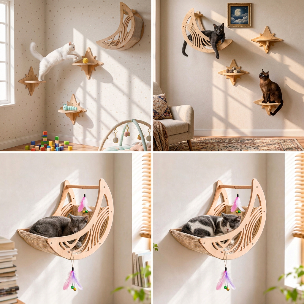 Modern Wooden Moon & Star Wall-Mounted Cat Climbing Shelves & Bed Set