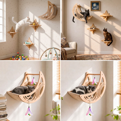 Modern Wooden Moon & Star Wall-Mounted Cat Climbing Shelves & Bed Set