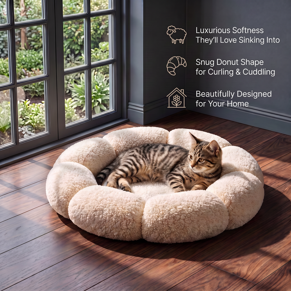 Luxury Floral Fluffy Donut Cat Bed – Soft & Washable Round Cushion