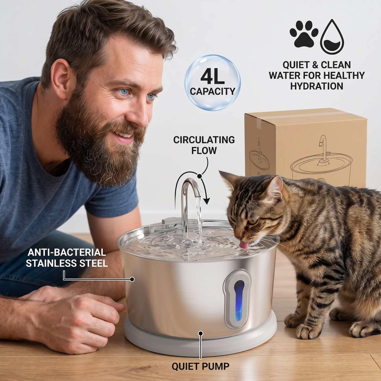 Smart Antibacterial Stainless Steel Pet Water Fountain – 4L Ultra-Quiet for Improved Pet Hydration & Health