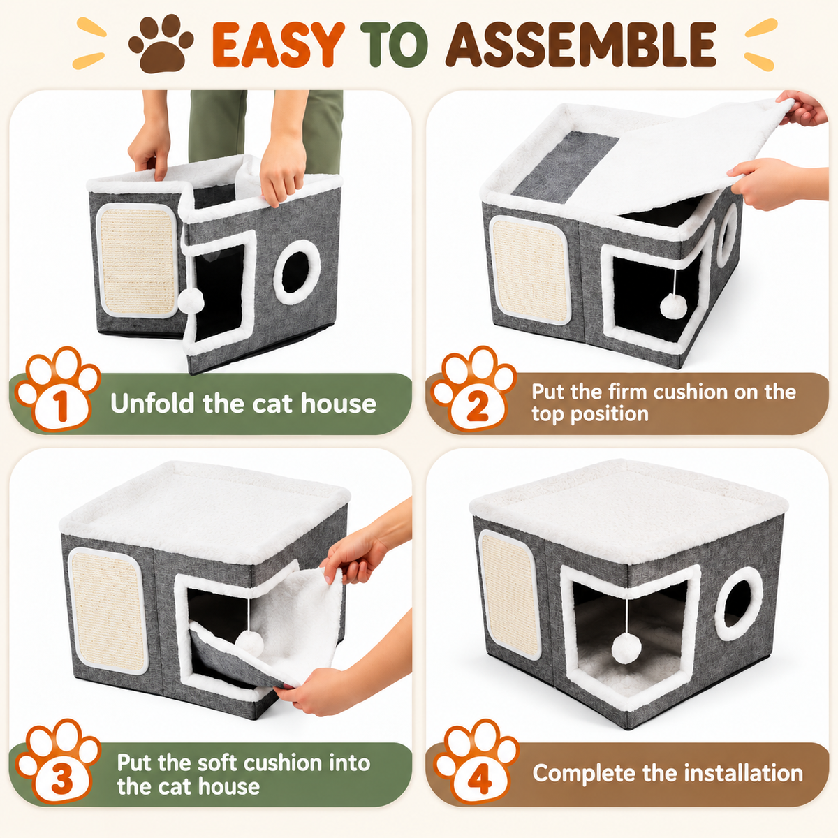 Modern Foldable Cat House with Double-Sided All-Season Cushion & Hanging Toys