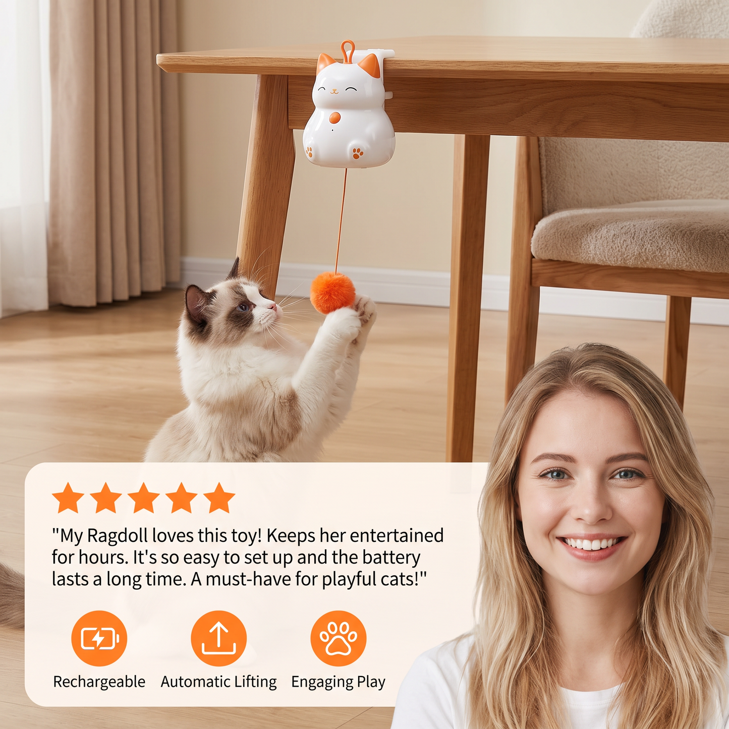 Interactive Rechargeable Cat Toy – Automatic Lifting Pom-Pom Teaser