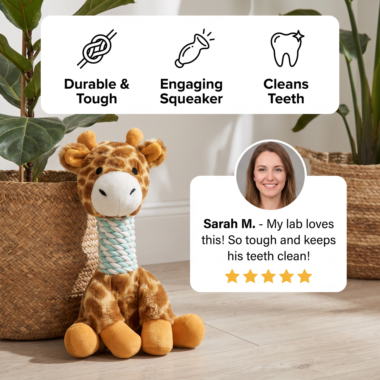 Durable Animal Plush Rope Dog Toy with Squeaker & Teeth Cleaning